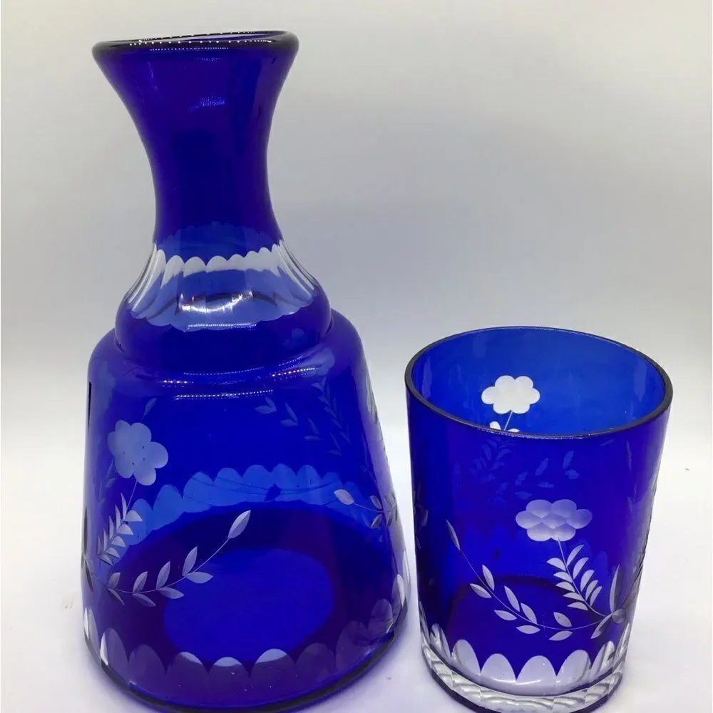 Czech Cobalt Glass Cut to Clear Bedside Carafe
